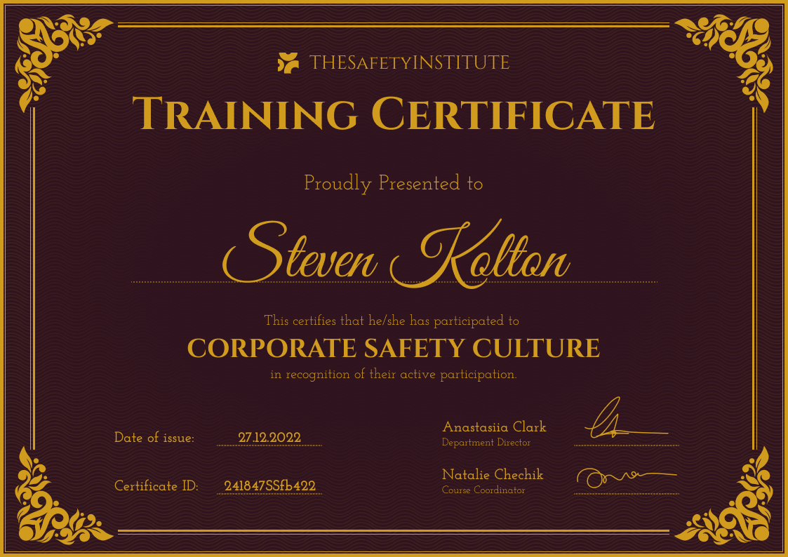 Certificate of training document