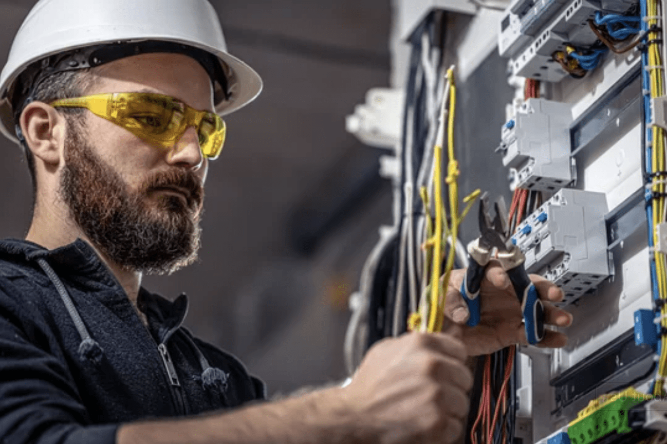 Electrician installing an electrical panel