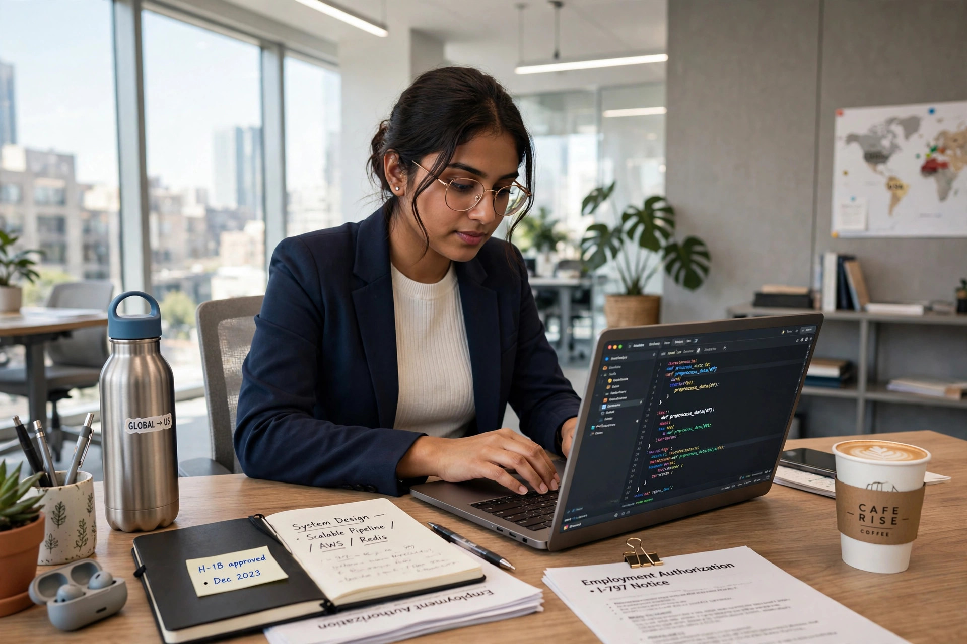 Young skilled professional working on laptop in modern US office