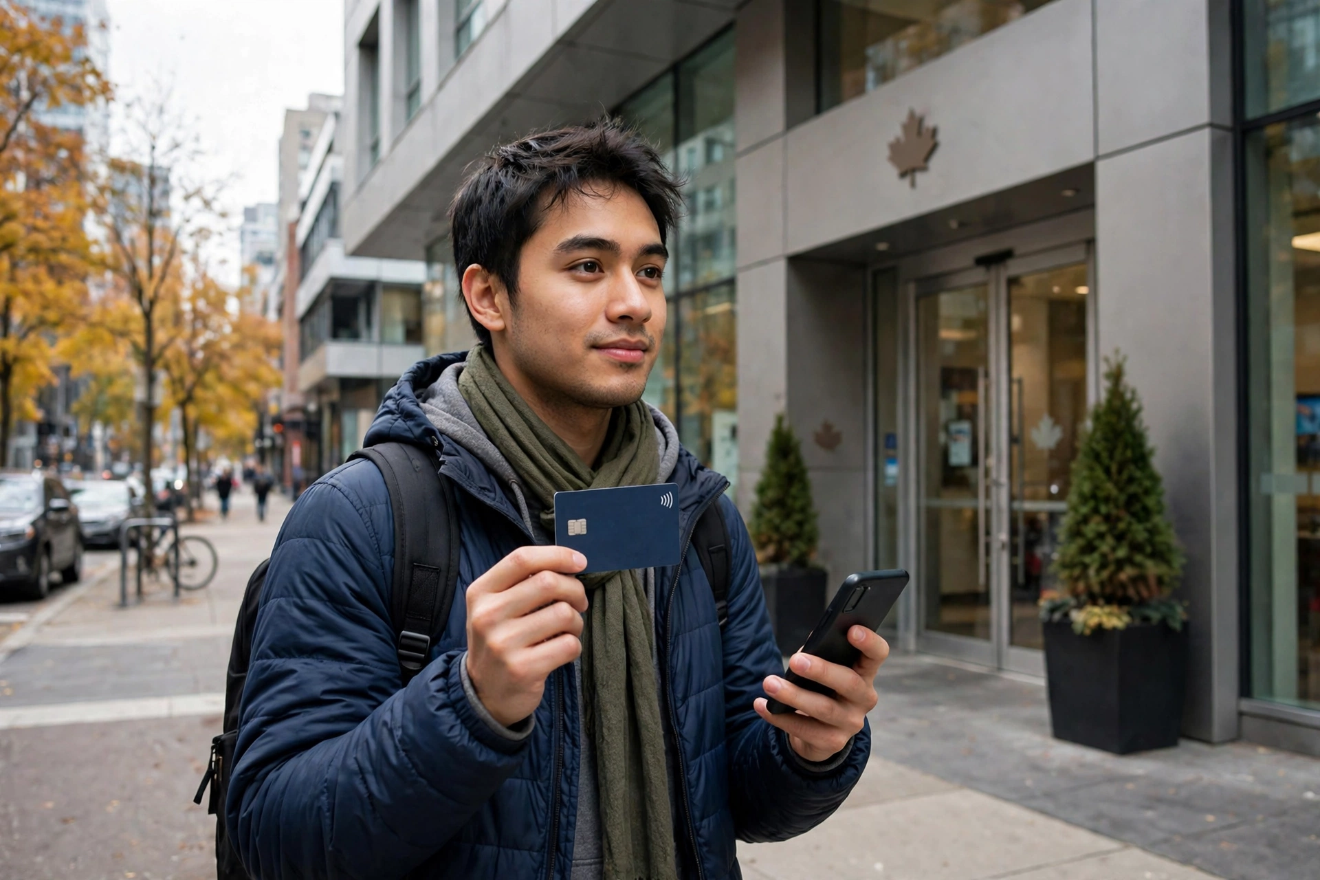 Newcomer opening a bank account in Canada with a bank card and phone