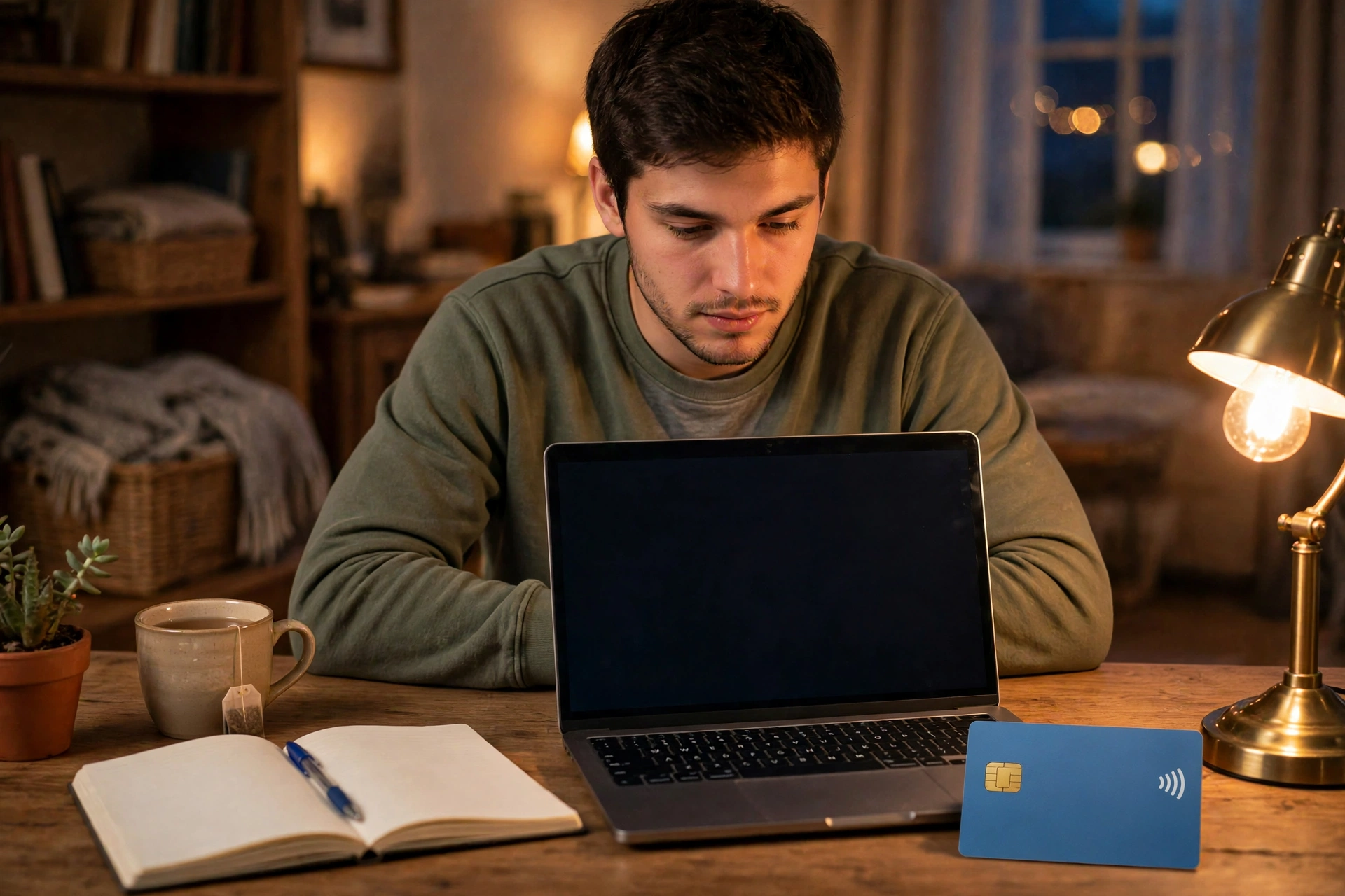 Newcomer checking a credit report on a laptop at home in Canada