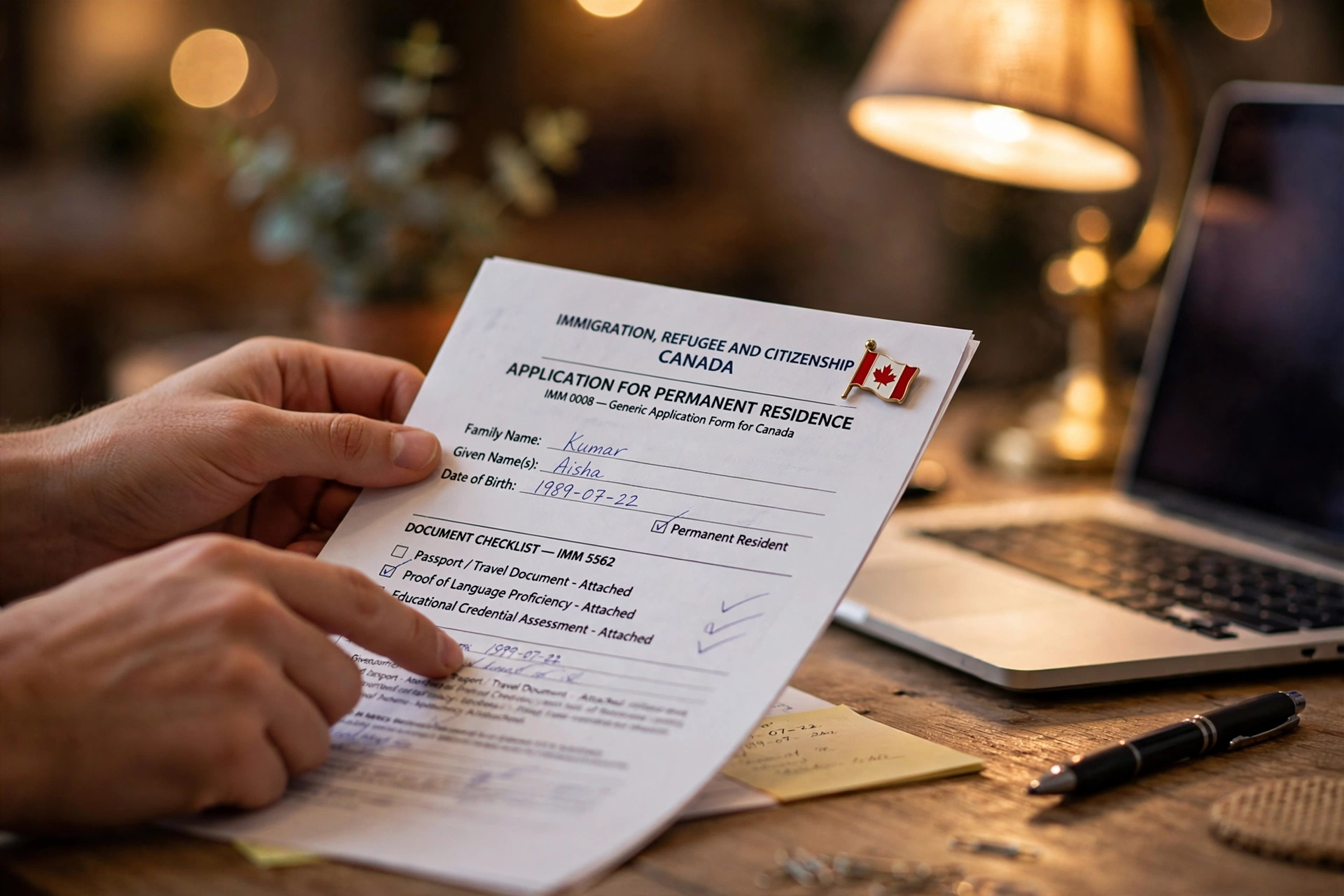 Hands reviewing Canadian immigration documents beside a laptop