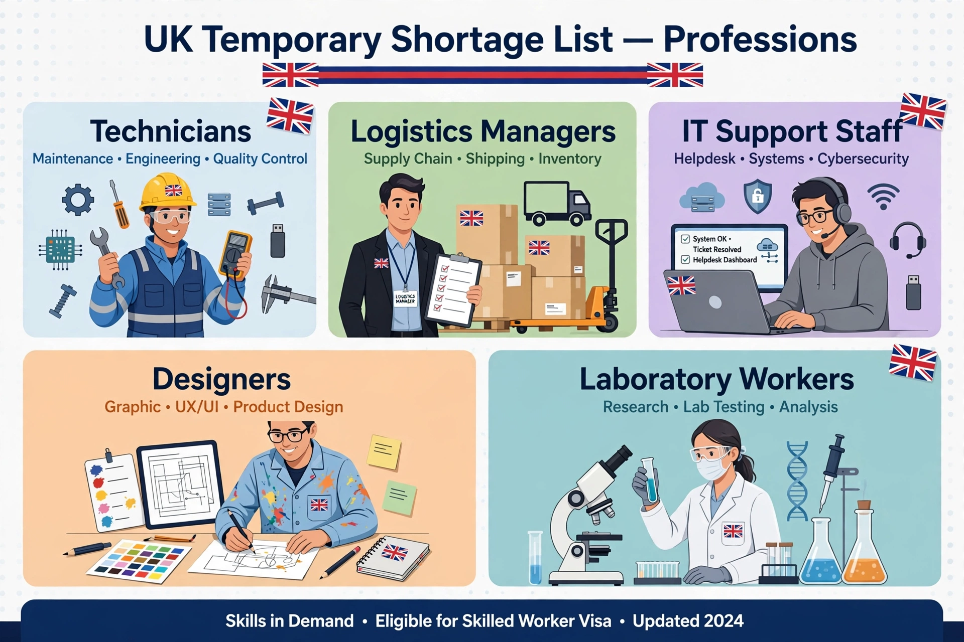 UK Temporary Shortage List professions: technicians, logistics managers, IT support staff, designers and laboratory workers
