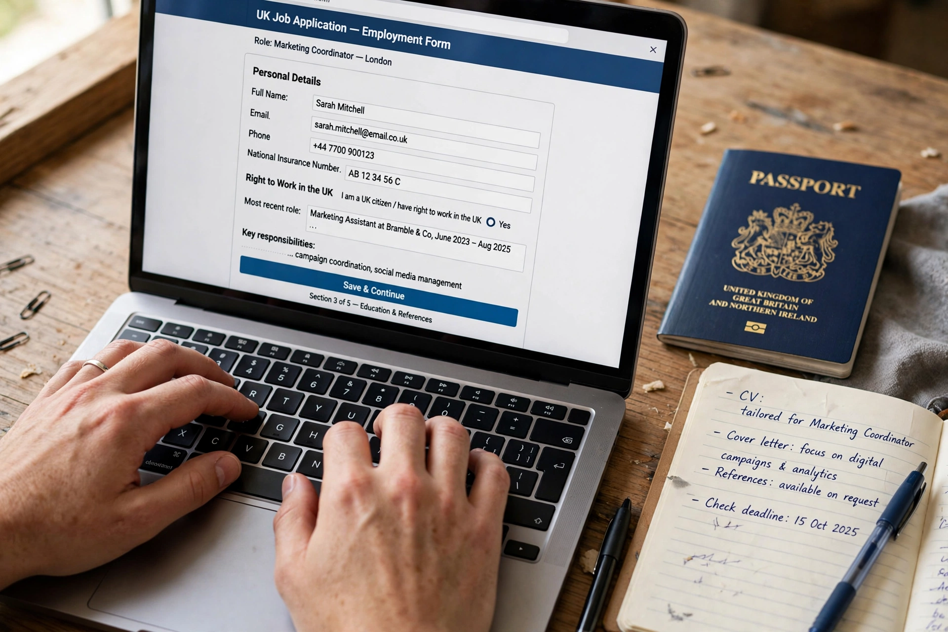 Applying for a UK job on a laptop